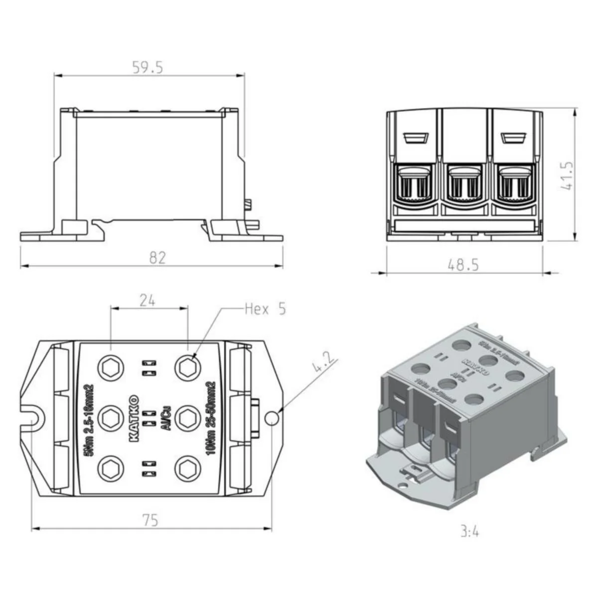 Riviliitin Katko Kl 3Xal/Cu 2,5-50Mm²